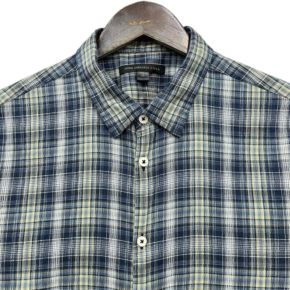 John Varvatos Star USA Men's Size Medium Button Front S/S Navy Blue Plaid Shirt